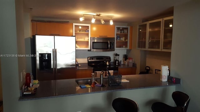 kitchen featuring sink, kitchen peninsula, stainless steel appliances, and tasteful backsplash