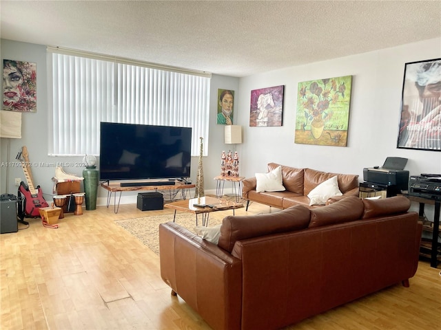 living room featuring wood-type flooring and a textured ceiling