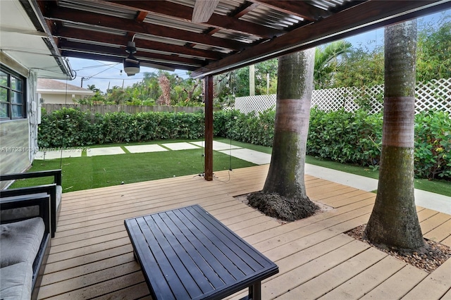 wooden terrace featuring a yard