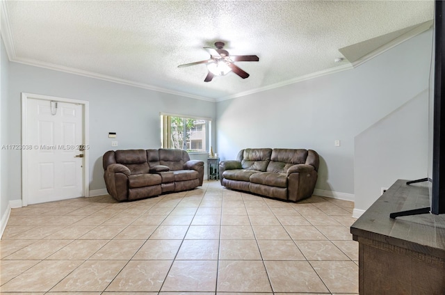 living room with light tile patterned floors, crown molding, and a textured ceiling