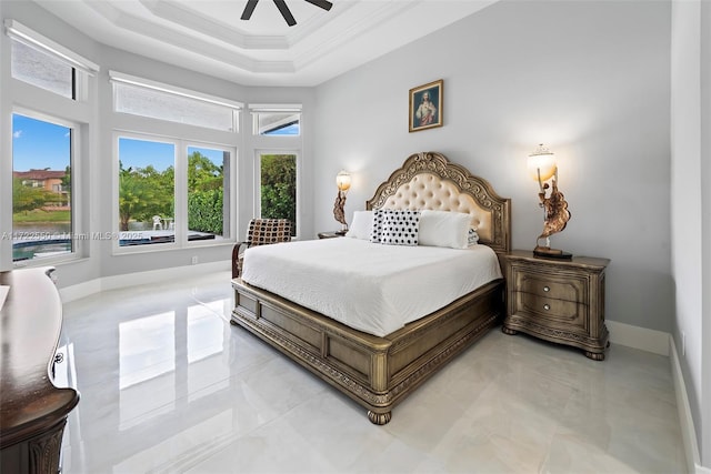 bedroom with ceiling fan and crown molding