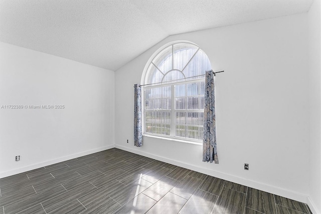 unfurnished room featuring a textured ceiling, a wealth of natural light, and lofted ceiling