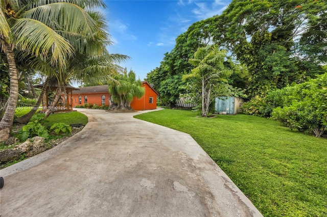 view of yard with a storage shed