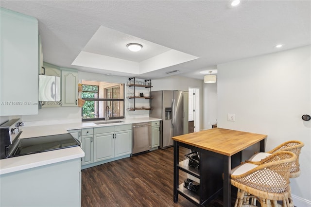 kitchen with sink, stainless steel appliances, dark hardwood / wood-style flooring, a textured ceiling, and a tray ceiling