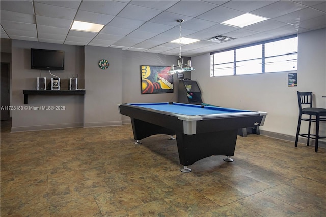 game room with a drop ceiling and billiards