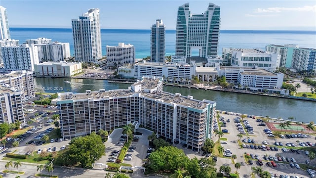 drone / aerial view with a water view