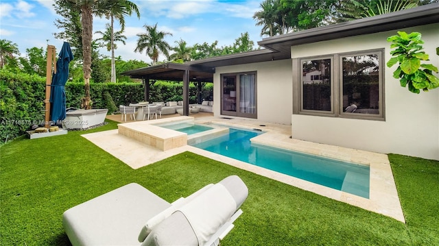 view of swimming pool with an in ground hot tub, an outdoor living space, a lawn, and a patio