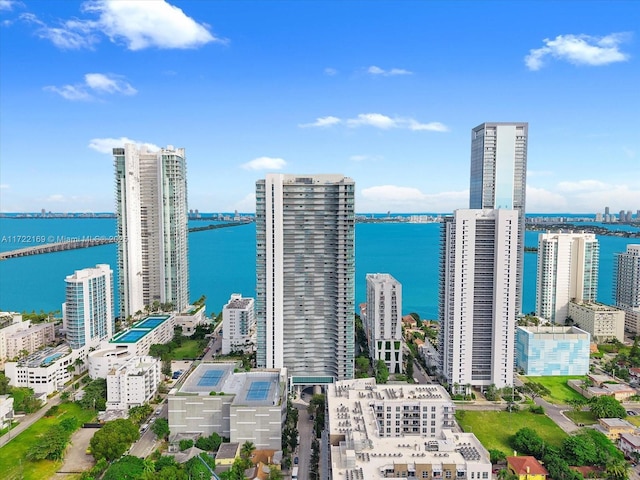 birds eye view of property featuring a water view