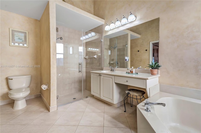 full bathroom featuring plus walk in shower, vanity, tile patterned floors, and toilet