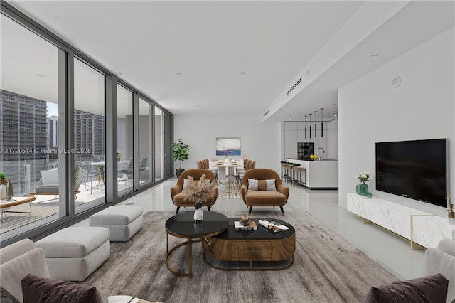 living room featuring expansive windows and sink