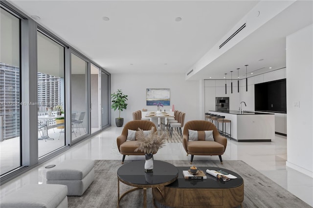 living room with sink and floor to ceiling windows