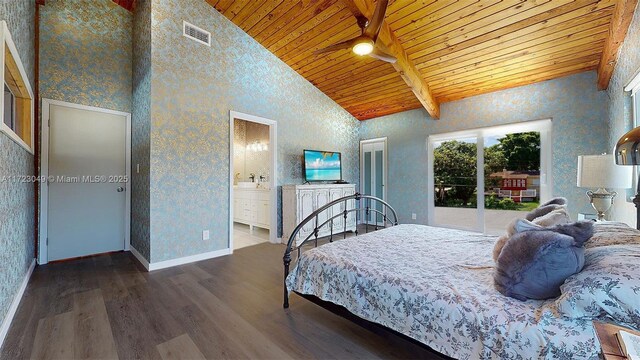 bedroom featuring high vaulted ceiling, ensuite bathroom, beam ceiling, dark hardwood / wood-style flooring, and wood ceiling