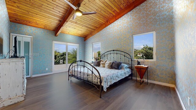 bedroom with wooden ceiling, high vaulted ceiling, ceiling fan, dark hardwood / wood-style floors, and beam ceiling