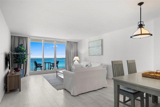 living room featuring expansive windows, a water view, and light hardwood / wood-style flooring