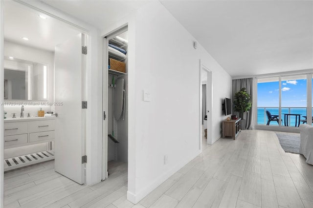 hall featuring expansive windows and sink