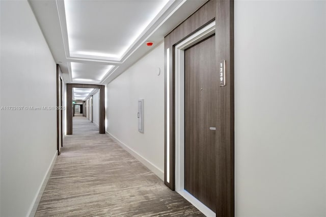 corridor with light colored carpet