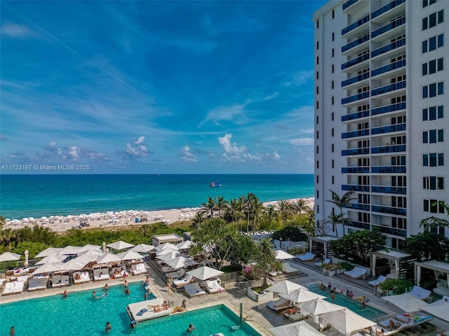 view of water feature with a beach view