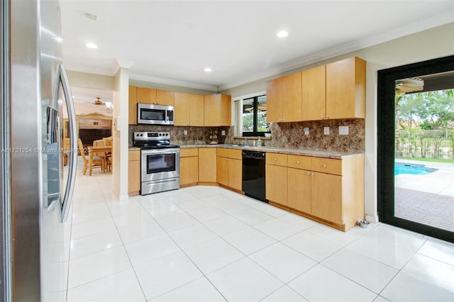 kitchen with light brown cabinets, stainless steel appliances, tasteful backsplash, and crown molding