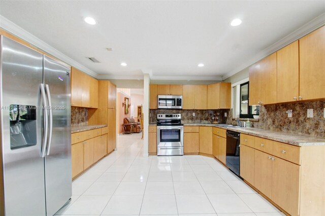 kitchen with sink, light brown cabinetry, crown molding, and appliances with stainless steel finishes