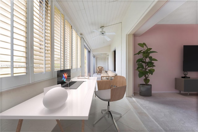 office featuring ceiling fan, lofted ceiling, and wood ceiling