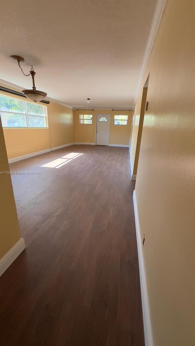 spare room featuring wood-type flooring and ornamental molding