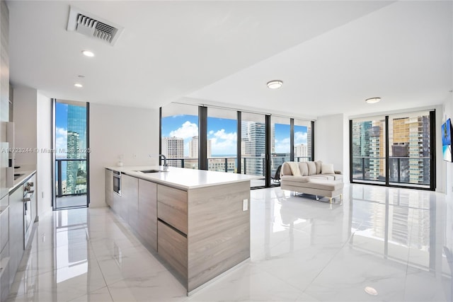 kitchen with oven, sink, expansive windows, and an island with sink