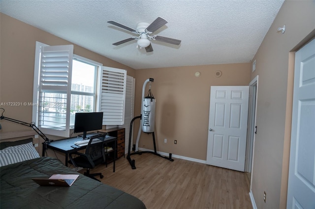 office space featuring ceiling fan, a textured ceiling, and light wood-type flooring