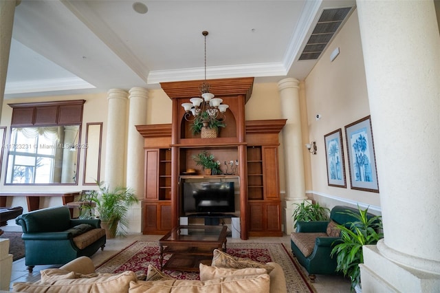 tiled living room featuring a notable chandelier, ornamental molding, decorative columns, and a raised ceiling