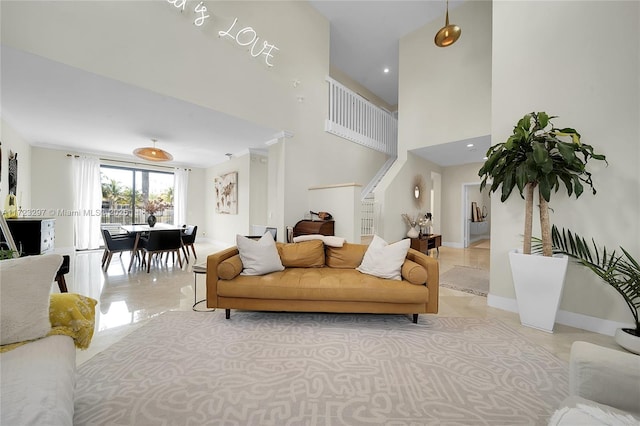 living room with crown molding