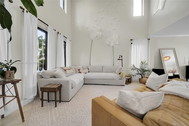 living room with a high ceiling