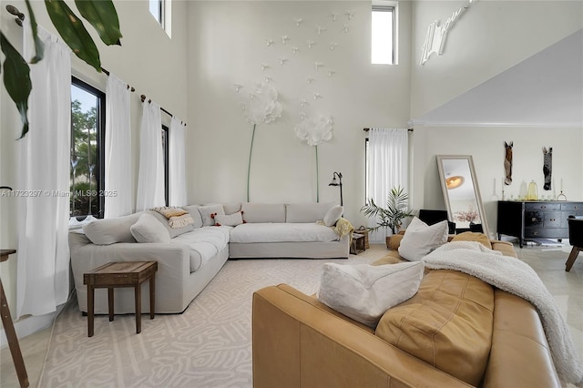 living room featuring a high ceiling and plenty of natural light