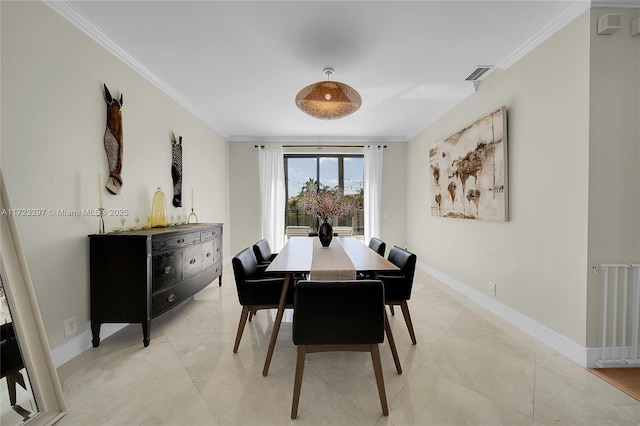 dining room featuring light tile patterned floors, ornamental molding, and radiator heating unit