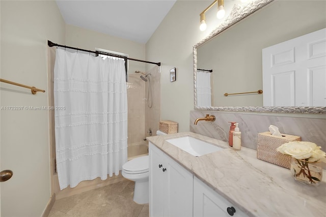 full bathroom with tile patterned floors, vanity, tasteful backsplash, shower / bath combination with curtain, and toilet