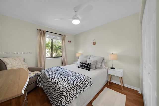 bedroom with ceiling fan, dark wood-type flooring, and a closet