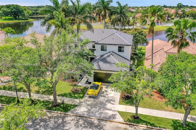 aerial view featuring a water view