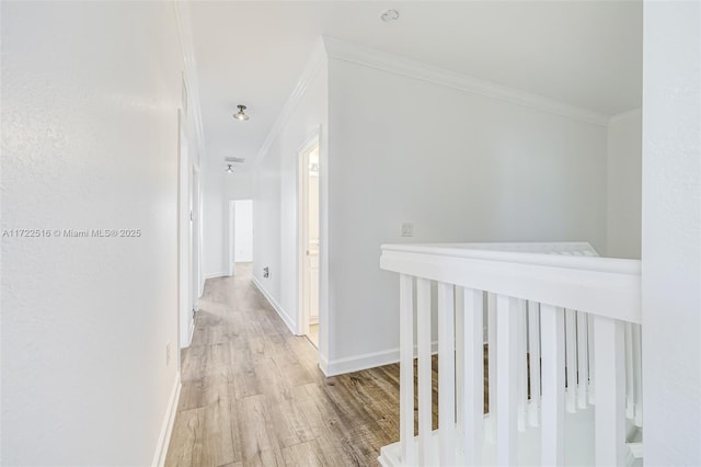 corridor with light hardwood / wood-style floors and ornamental molding