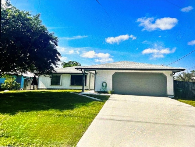 ranch-style house featuring a garage and a front lawn