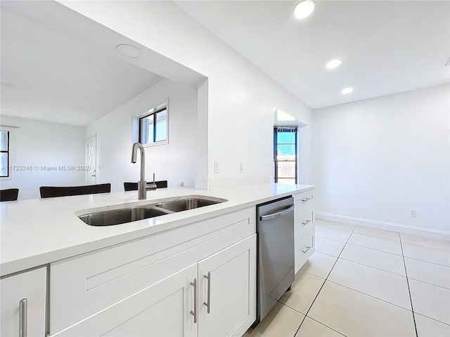 kitchen featuring sink, plenty of natural light, white cabinets, and dishwasher