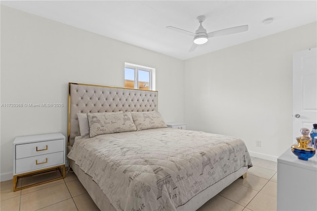 bedroom featuring light tile patterned floors and ceiling fan