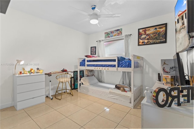 bedroom featuring ceiling fan and light tile patterned floors