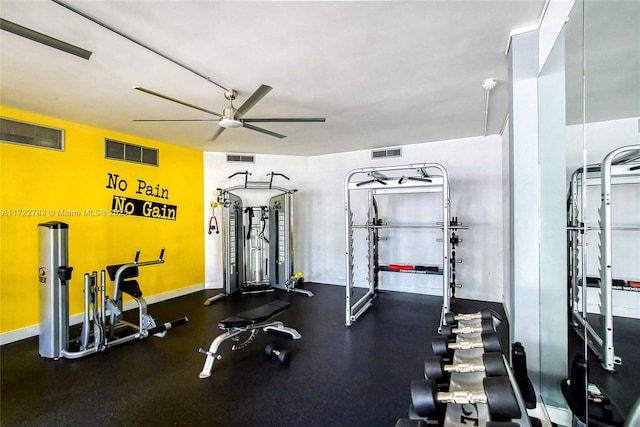 exercise room featuring ceiling fan