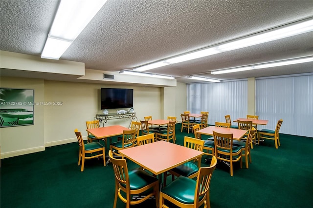 recreation room with carpet and a textured ceiling