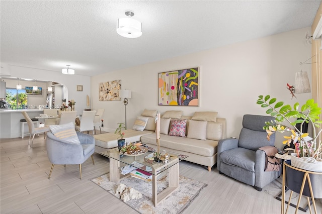 living room featuring a textured ceiling