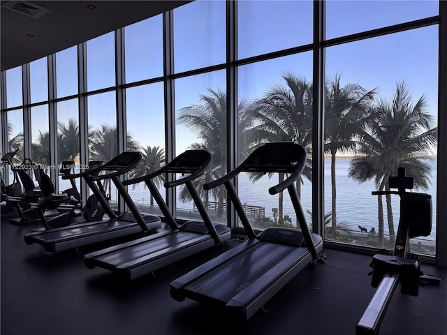 exercise room with floor to ceiling windows and a water view