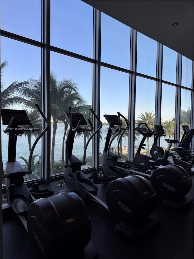 2900 NE 7th Ave Unit 908, Miami, FL 33137 - workout area featuring plenty of natural light, expansive windows, and a water view