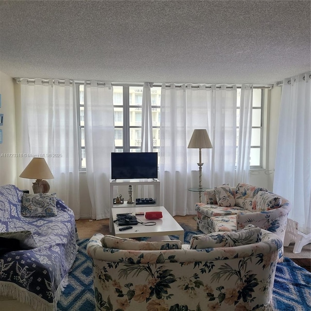 living room featuring a textured ceiling and plenty of natural light