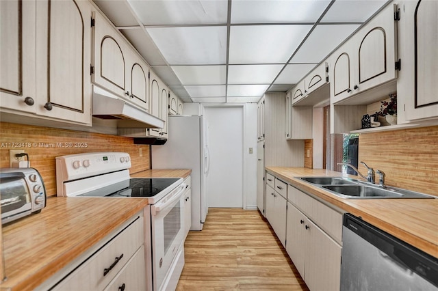 kitchen with a drop ceiling, sink, electric stove, dishwasher, and light hardwood / wood-style floors