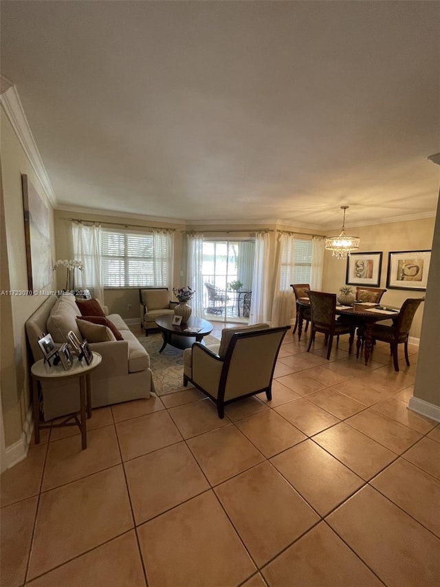 tiled living room featuring crown molding and a notable chandelier