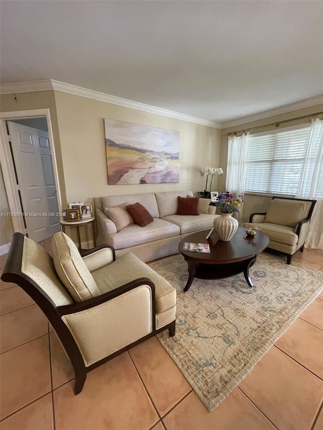 living room with tile patterned flooring and ornamental molding