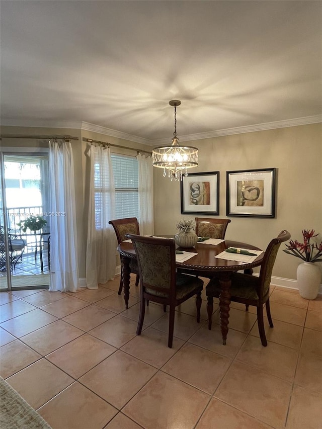 tiled dining space featuring an inviting chandelier and crown molding